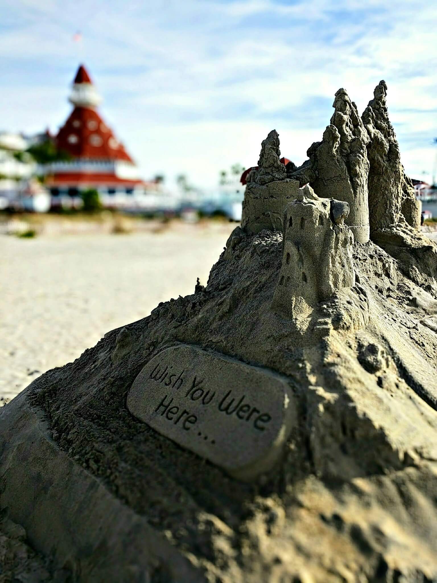 Sand castle with the Hotel Del Coronado in the background, December 2016